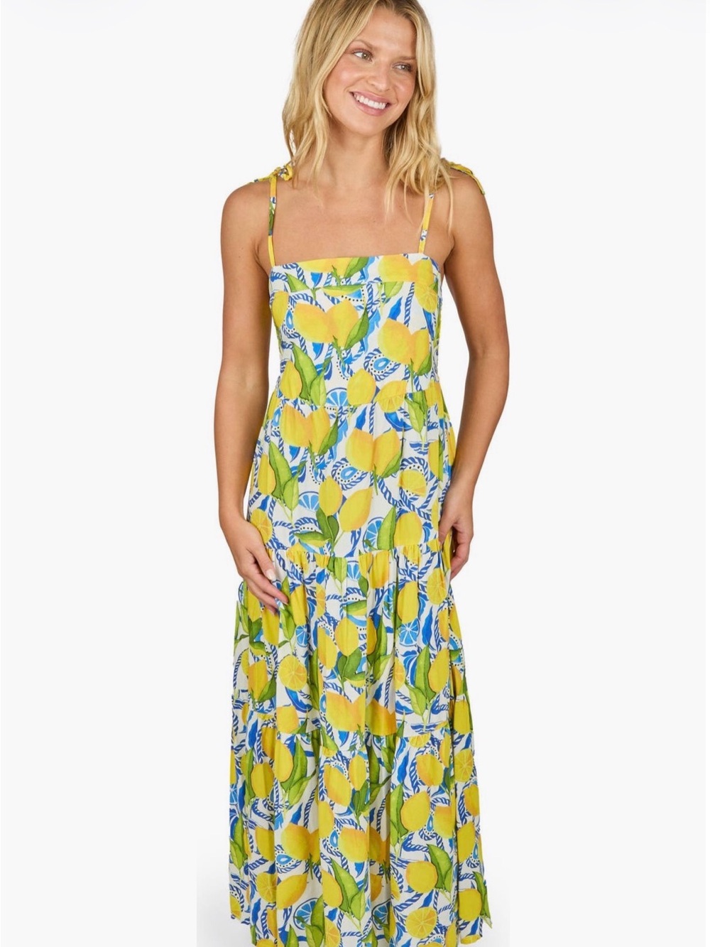 Yellow Lemon Print Tie-Shoulder Maxi Dress